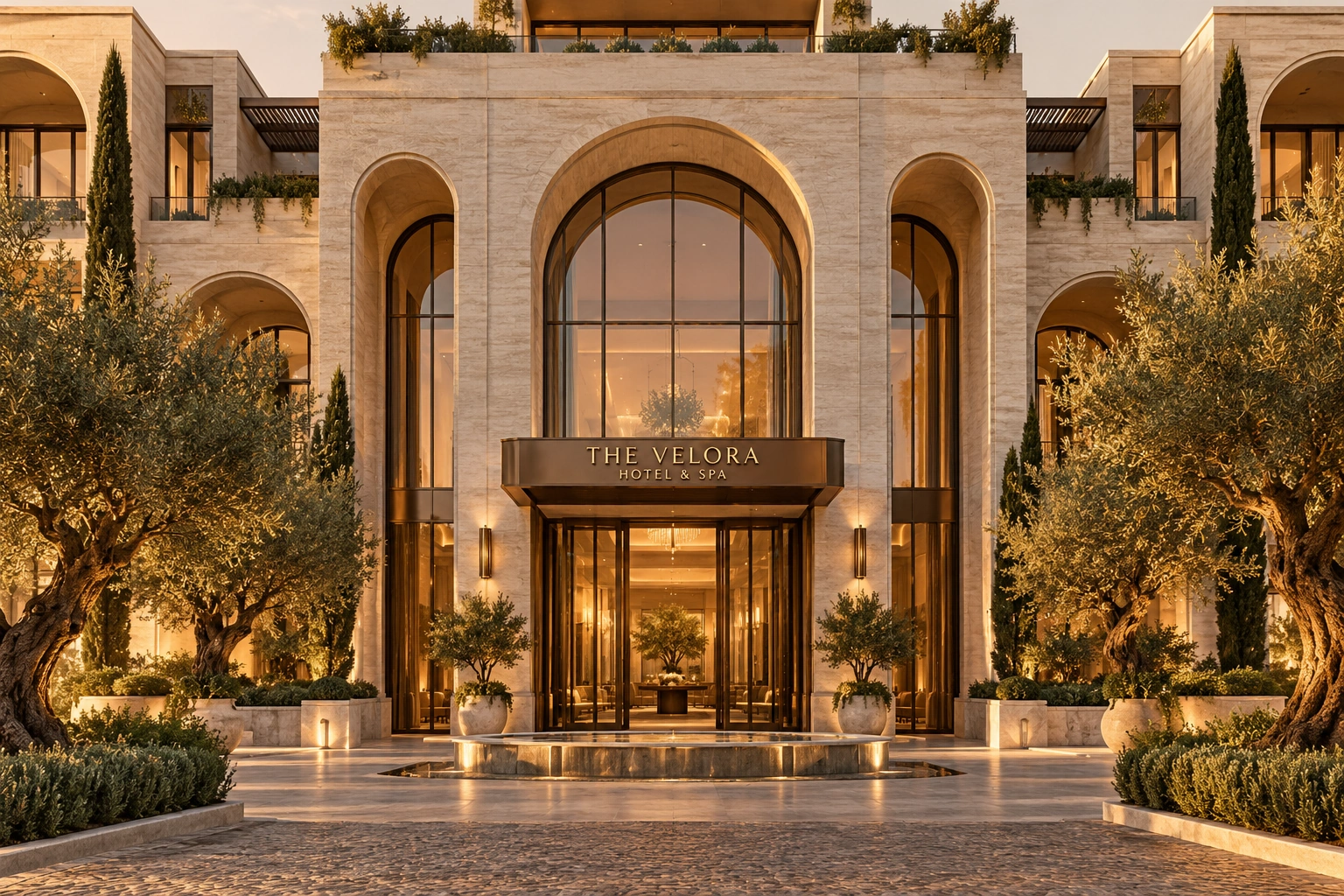 The Velora Hotel & Spa set udefra med skilt over indgangen